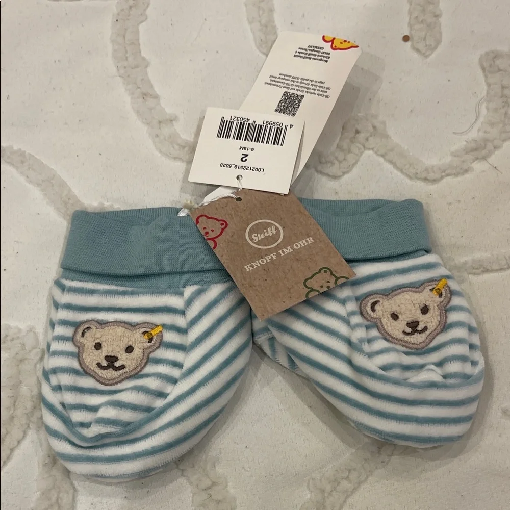 Cute Blue Striped Mittens with Bear Design